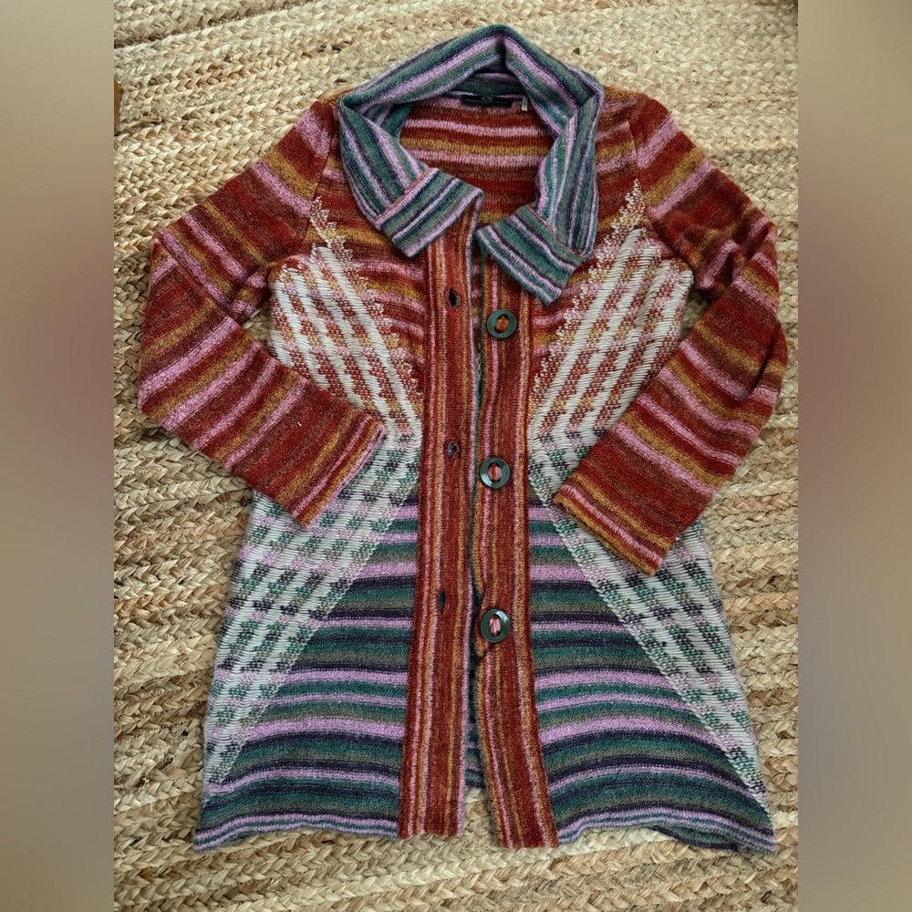 GJB NEW YORK Medium Multicolor Long Cardigan Sweater Boho Artsy Wool Blend